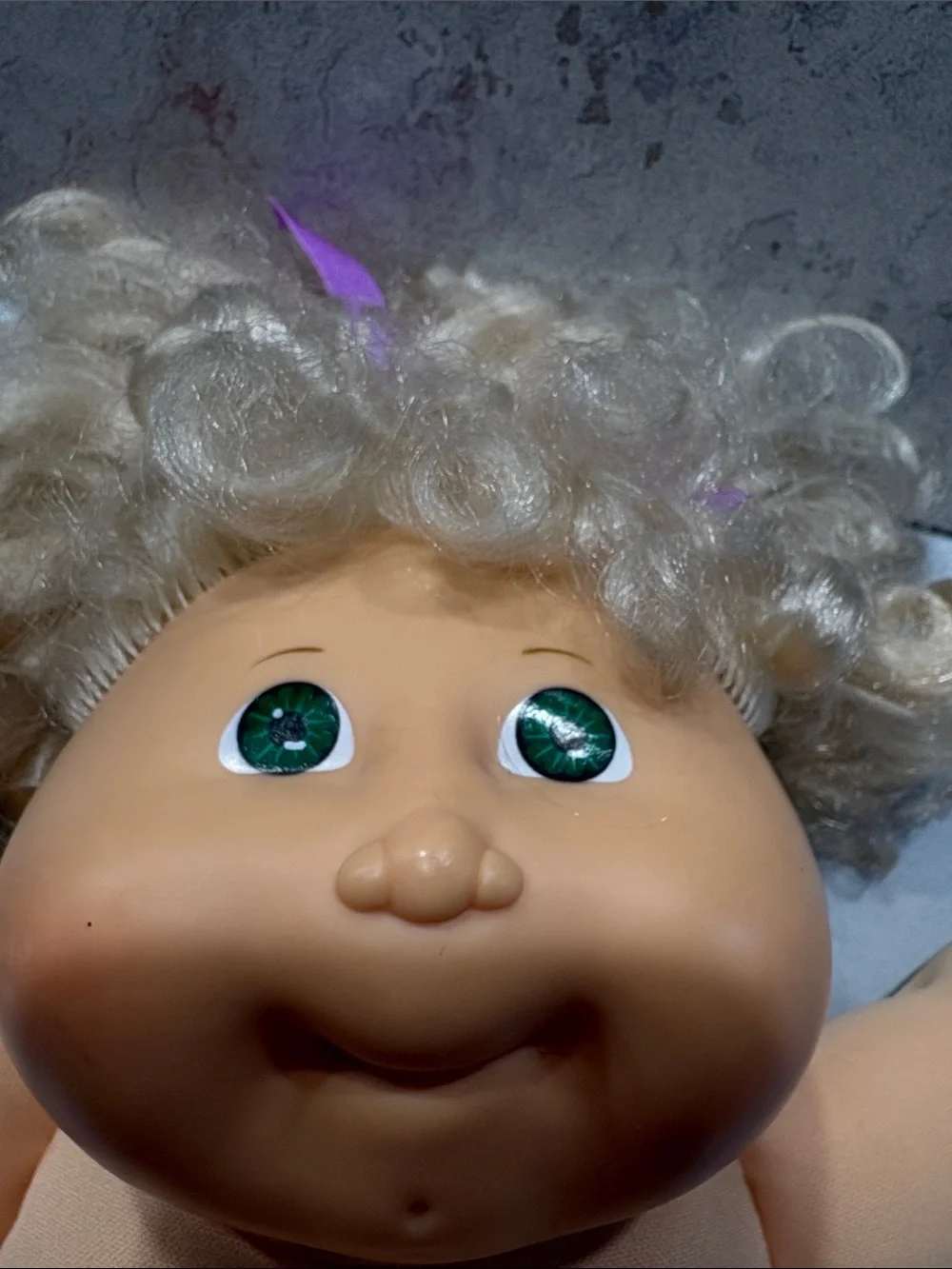 1990s Cabbage Patch cornsilk doll green eyes dimple chin purple lace up shoes